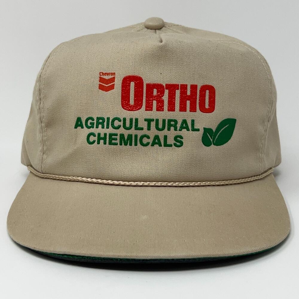 Vintage 80s Chevron Ortho Agricultural Chemicals Hat Baseball Cap K-Brand Beige